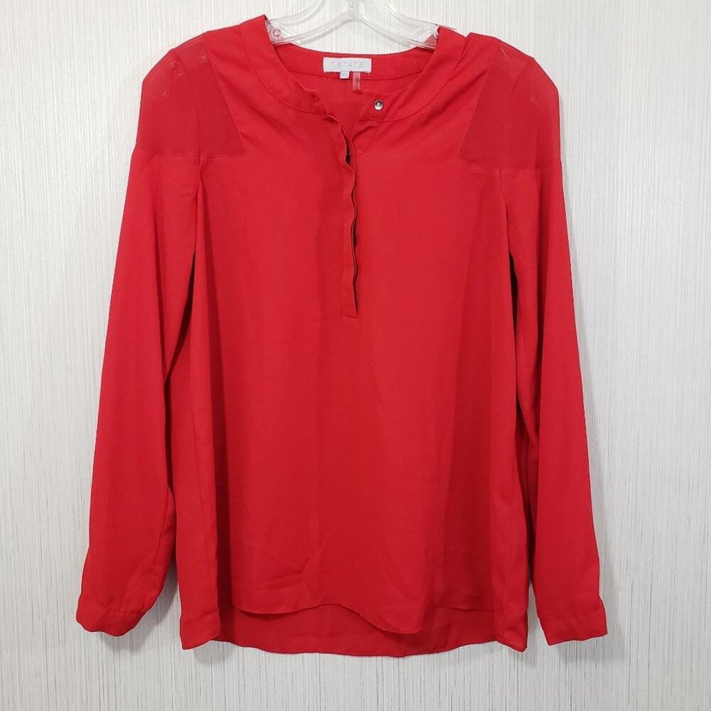 1.STATE Women Blouse Sheer Shoulder Panel Henley Long Sleeve Red Top Size XS 80c